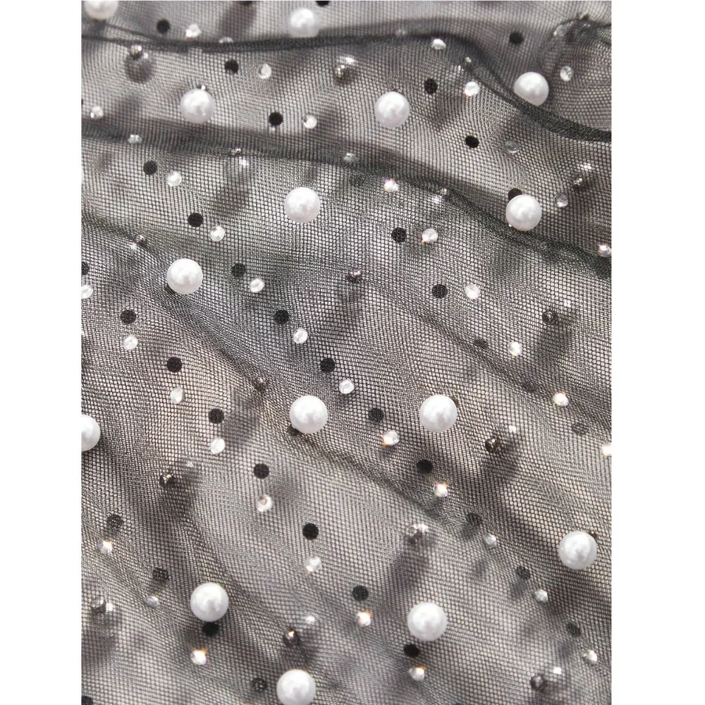 Black Sheer Mesh Long Sleeve Feather Shirt with Faux Pearls Sparkles Beaded - Picture 12 of 15